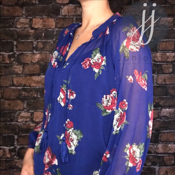 Lucky Brand Blue Sheer Peasant Blouse Floral Top - Picture 8 of 8